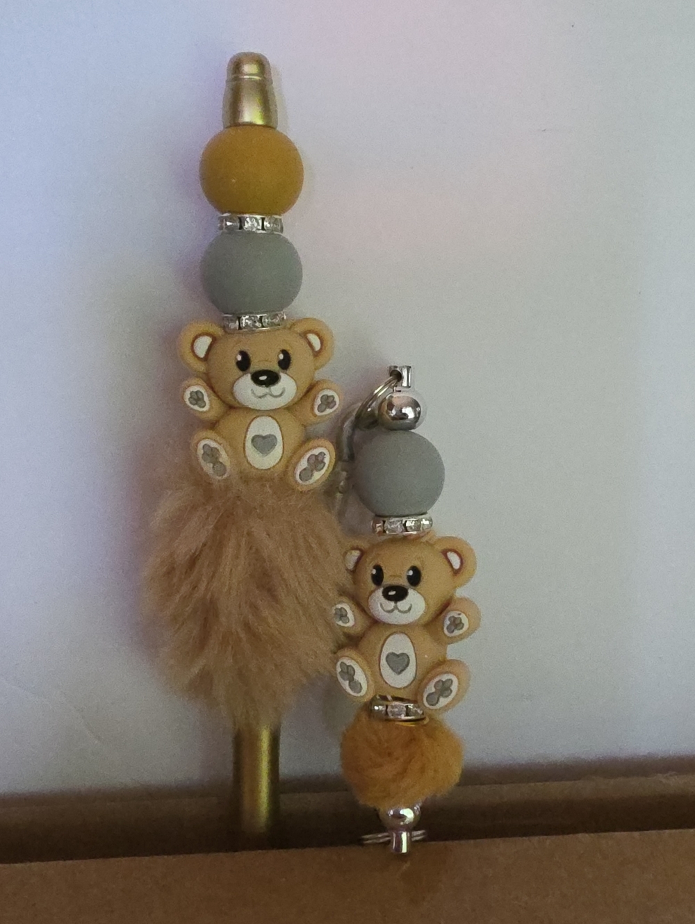 Cute Bear Charm Keychain and Pen Set - Tan and Gray